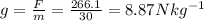 g =  \frac{F}{m} =  \frac{266.1}{30} = 8.87 Nkg^&-1