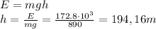 E=mgh\\ &#10;h= \frac{E}{mg}=\frac{172.8\cdot 10^3}{890}=194,16m