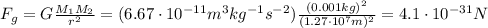 F_g = G  \frac{M_1 M_2}{r^2}=(6.67 \cdot 10^{-11} m^3 kg^{-1} s^{-2}) \frac{(0.001 kg)^2}{(1.27 \cdot 10^7 m)^2}=4.1 \cdot 10^{-31}N
