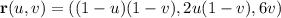 \mathbf r(u,v)=((1-u)(1-v),2u(1-v),6v)
