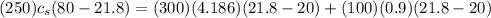 (250) c_{s} (80 - 21.8) = (300) (4.186) (21.8 - 20) + (100) (0.9) (21.8 - 20)
