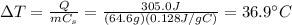 \Delta T =  \frac{Q}{m C_s}= \frac{305.0 J}{(64.6 g)(0.128 J/gC)}=36.9 ^{\circ}C