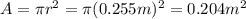 A=\pi r^2 = \pi (0.255 m)^2=0.204 m^2