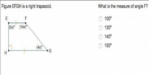Figure efgh is a right trapezoid. what is the measure of angle f?  100 degrees  130 degrees  140 deg