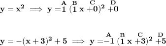 \bf y=x^2\implies y=\stackrel{A}{1}(\stackrel{B}{1}x\stackrel{C}{+0})^2\stackrel{D}{+0}&#10;\\\\\\&#10;y=-(x+3)^2+5\implies y=\stackrel{A}{-1}(\stackrel{B}{1}x\stackrel{C}{+3})^2\stackrel{D}{+5}