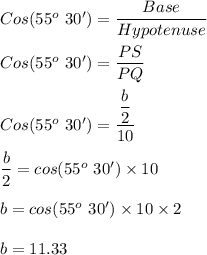 Cos(55^o\ 30') = \dfrac{Base}{Hypotenuse}\\\\Cos(55^o\ 30') = \dfrac{PS}{PQ}\\\\Cos(55^o\ 30') = \dfrac{\dfrac{b}{2}}{10}\\\\\dfrac{b}{2} = cos(55^o\ 30') \times 10\\\\{b} = cos(55^o\ 30') \times 10\times 2\\\\b = 11.33