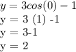 y = 3cos (0) -1&#10;&#10;y = 3 (1) -1&#10;&#10;y = 3-1&#10;&#10;y = 2
