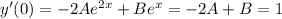 y'(0) = -2Ae^{2x} +Be^x = -2A+B = 1