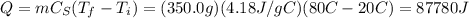 Q=m C_S (T_f - T_i)=(350.0 g)(4.18 J/gC)(80C-20C)=87780 J