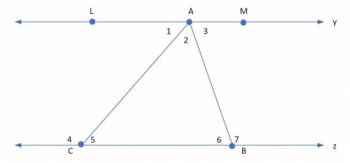 Given:  lines y and z are parallel, and abc forms a triangle. prove:  m∠5 + m∠2 + m∠6 = 180° stateme