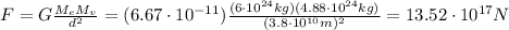 F=G  \frac{M_e M_v}{d^2}=(6.67 \cdot 10^{-11}) \frac{(6\cdot 10^{24}kg)(4.88 \cdot 10^{24}kg)}{(3.8 \cdot 10^{10}m)^2} =13.52 \cdot 10^{17}N