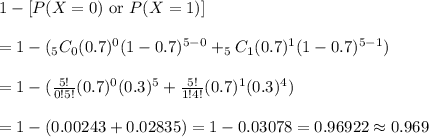 1-[P(X=0)\text{ or }P(X=1)]&#10;\\&#10;\\=1-(_5C_0(0.7)^0(1-0.7)^{5-0}+_5C_1(0.7)^1(1-0.7)^{5-1})&#10;\\&#10;\\=1-(\frac{5!}{0!5!}(0.7)^0(0.3)^5+\frac{5!}{1!4!}(0.7)^1(0.3)^4)&#10;\\&#10;\\=1-(0.00243+0.02835)=1-0.03078=0.96922\approx0.969