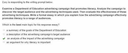 Cory is responding to the writing prompt below.examine a department of education advertising campaig