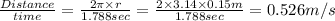 \frac{Distance}{time}=\frac{2\pi\times r}{1.788 sec}=\frac{2\times 3.14\times 0.15 m}{1.788 sec}=0.526 m/s