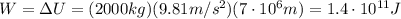 W=\Delta U=(2000 kg)(9.81 m/s^2)(7\cdot 10^6 m)=1.4\cdot 10^{11} J
