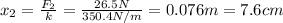 x_2= \frac{F_2}{k}= \frac{26.5 N}{350.4 N/m}=0.076 m=7.6 cm
