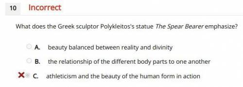 What does the greek sculptor polykleitos's statue the spear bearer emphasize?  a>  beauty balance