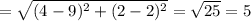 =\sqrt{(4-9)^2+(2-2)^2}= \sqrt{25}= 5