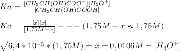 Ka=\frac{[CH_3CH(OH)COO^{-}][H_3O^{+}]}{[CH_3CH(OH)COOH]}  \\  \\ Ka=\frac{[x][x]}{[1,75M-x]} ---(1,75M-x\approx 1,75M)   \\  \\  \sqrt{6,4*10^{-5}*(1,75M)}=x=0,0106M=[ H_3O^{+}]