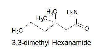 Draw the structural formula of 3,3-dimethylhexanamide.