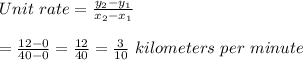 Unit\ rate= \frac{y_2-y_1}{x_2-x_1}  \\  \\ = \frac{12-0}{40-0} = \frac{12}{40} = \frac{3}{10}\ kilometers\ per\ minute