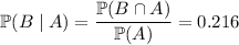 \mathbb P(B\mid A)=\dfrac{\mathbb P(B\cap A)}{\mathbb P(A)}=0.216
