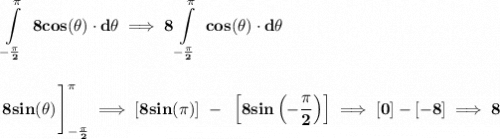 \bf \displaystyle \int\limits_{-\frac{\pi }{2}}^{\pi }~8cos(\theta )\cdot d\theta \implies 8\int\limits_{-\frac{\pi }{2}}^{\pi }~cos(\theta )\cdot d\theta&#10;\\\\\\&#10;\left. 8sin(\theta )\cfrac{}{}  \right]_{-\frac{\pi }{2}}^{\pi }\implies [8sin(\pi )]~-~\left[8sin\left(-\frac{\pi }{2}  \right)  \right]\implies [0]-[-8]\implies 8