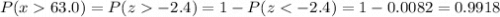 P(x63.0)=P(z-2.4)= 1-P(z