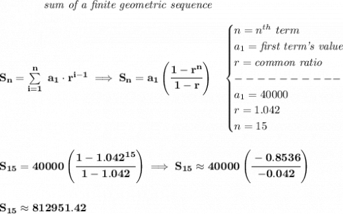 \bf \qquad \qquad \textit{sum of a finite geometric sequence}\\\\&#10;S_n=\sum\limits_{i=1}^{n}\ a_1\cdot r^{i-1}\implies S_n=a_1\left( \cfrac{1-r^n}{1-r} \right)\quad &#10;\begin{cases}&#10;n=n^{th}\ term\\&#10;a_1=\textit{first term's value}\\&#10;r=\textit{common ratio}\\&#10;----------\\&#10;a_1=40000\\&#10;r=1.042\\&#10;n=15&#10;\end{cases}&#10;\\\\\\&#10;S_{15}=40000\left( \cfrac{1-1.042^{15}}{1-1.042} \right)\implies S_{15}\approx 40000\left( \cfrac{-0.8536}{-0.042} \right)&#10;\\\\\\&#10;S_{15}\approx 812951.42