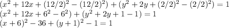 (x^2+12x+(12/2)^2-(12/2)^2)+(y^2+2y+(2/2)^2-(2/2)^2) =1\\(x^2+12x+6^2-6^2)+(y^2+2y+1-1) = 1\\(x+6)^2-36+(y+1)^2-1=1