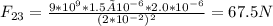 F_{23} = \frac{9*10^9 * 1.5×10^{-6} * 2.0*10^{-6}} {(2*10^{-2})^2} = 67.5N
