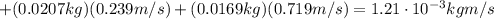 +(0.0207 kg)(0.239 m/s)+(0.0169 kg)(0.719 m/s)=1.21 \cdot 10^{-3}kg m/s