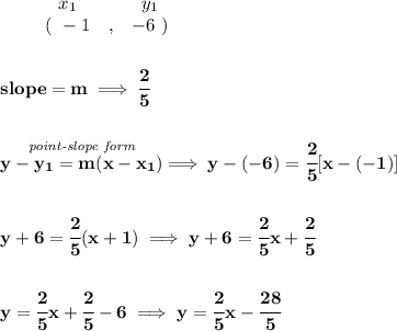 \bf \begin{array}{ccccccccc}&#10;&&x_1&&y_1\\&#10;&&(~ -1 &,& -6~)&#10;\end{array}&#10;\\\\\\&#10;slope =  m\implies  \cfrac{2}{5}&#10;\\\\\\&#10;\stackrel{\textit{point-slope form}}{y- y_1= m(x- x_1)}\implies y-(-6)=\cfrac{2}{5}[x-(-1)]&#10;\\\\\\&#10;y+6=\cfrac{2}{5}(x+1)\implies y+6=\cfrac{2}{5}x+\cfrac{2}{5}&#10;\\\\\\&#10;y=\cfrac{2}{5}x+\cfrac{2}{5}-6\implies y=\cfrac{2}{5}x-\cfrac{28}{5}