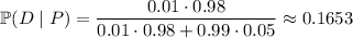 \mathbb P(D\mid P)=\dfrac{0.01\cdot0.98}{0.01\cdot0.98+0.99\cdot0.05}\approx0.1653