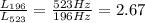 \frac{L_{196}}{L_{523}}= \frac{523 Hz}{196 Hz}=2.67