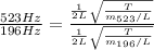 \frac{523 Hz}{196 Hz} =  \frac{ \frac{1}{2L}  \sqrt{ \frac{T}{m_{523}/L} } }{\frac{1}{2L}  \sqrt{ \frac{T}{m_{196}/L} }}