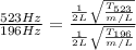 \frac{523 Hz}{196 Hz}= \frac{ \frac{1}{2L} \sqrt{ \frac{T_{523}}{m/L} } }{\frac{1}{2L} \sqrt{ \frac{T_{196}}{m/L} }}