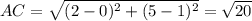 AC=\sqrt{(2-0)^2+(5-1)^2}=\sqrt{20}