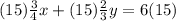 (15)\frac{3}{4}x+(15)\frac{2}{3}y=6(15)