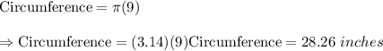 \text{Circumference}=\pi (9)\\\\\Rightarrow\text{Circumference}=(3.14)(9)\text{Circumference}=28.26\ inches
