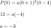 P(0)=a (0+1)^{2}(0-4) \\  \\ &#10;12=a(-4) \\  \\ &#10;a=-3