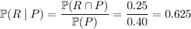 \mathbb P(R\mid P)=\dfrac{\mathbb P(R\cap P)}{\mathbb P(P)}=\dfrac{0.25}{0.40}=0.625