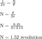 \rm \frac{1}{2\pi} = \frac{N}{\theta} \\\\ N=\frac{\theta}{2\pi} \\\\ \rm  N=\frac{9.45}{2\times 3.14} \\\\ \rm  N= 1.52\ revolution