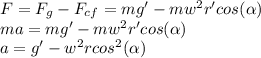 F=F_g-F_{cf}=mg'-mw^2r'cos(\alpha)\\ ma=mg'-mw^2r'cos(\alpha)\\ a=g'-w^2rcos^2(\alpha)\\