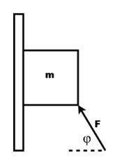Ablock of mass m = 3 kg is held against a wall with a force f applied at an angle φ, as shown. there