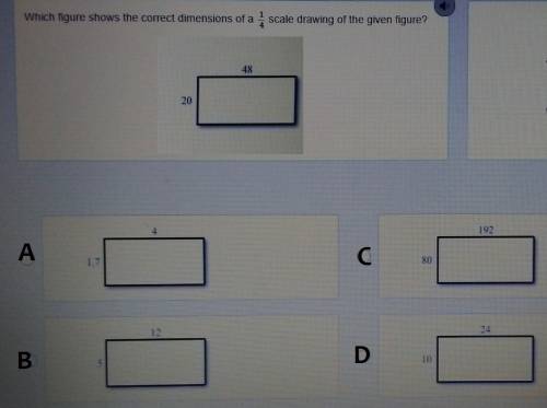 Which figure shows the correct dimensions of a 14 scale drawing of the given figure?
