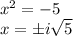 x^2=-5\\x=\pm i  \sqrt{5}