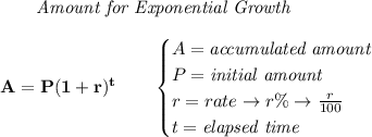 \bf \qquad \textit{Amount for Exponential Growth}\\\\&#10;A=P(1 + r)^t\qquad &#10;\begin{cases}&#10;A=\textit{accumulated amount}\\&#10;P=\textit{initial amount}\\&#10;r=rate\to r\%\to \frac{r}{100}\\&#10;t=\textit{elapsed time}\\&#10;\end{cases}