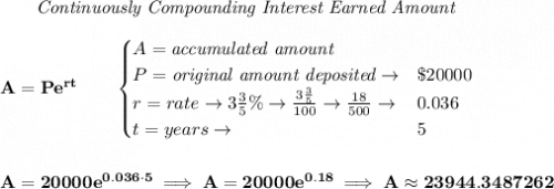 \bf ~~~~~~ \textit{Continuously Compounding Interest Earned Amount}\\\\&#10;A=Pe^{rt}\qquad &#10;\begin{cases}&#10;A=\textit{accumulated amount}\\&#10;P=\textit{original amount deposited}\to& \$20000\\&#10;r=rate\to 3\frac{3}{5}\%\to \frac{3\frac{3}{5}}{100}\to \frac{18}{500}\to &0.036 \\&#10;t=years\to &5&#10;\end{cases}&#10;\\\\\\&#10;A=20000e^{0.036\cdot 5}\implies A=20000e^{0.18}\implies A\approx 23944.3487262