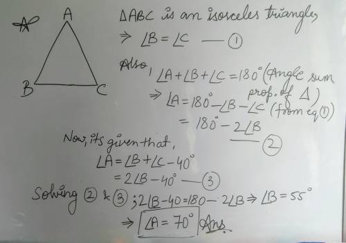 The vertex angle of an isosceles triangle is 40 degrees less than the sum of the measures of the bas